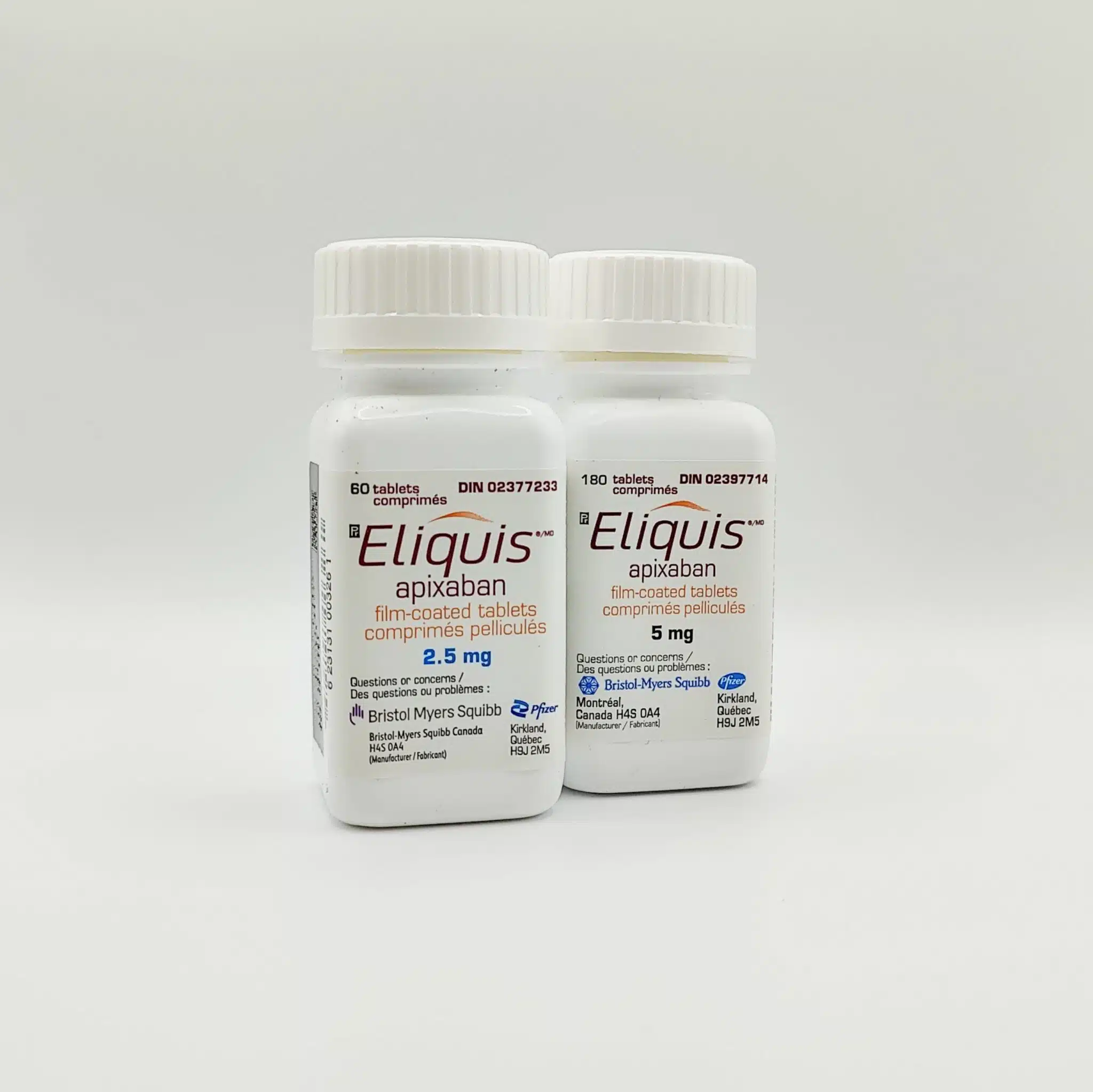 Two bottles of Eliquis (apixaban) showing 2.5mg and 5mg film-coated tablets