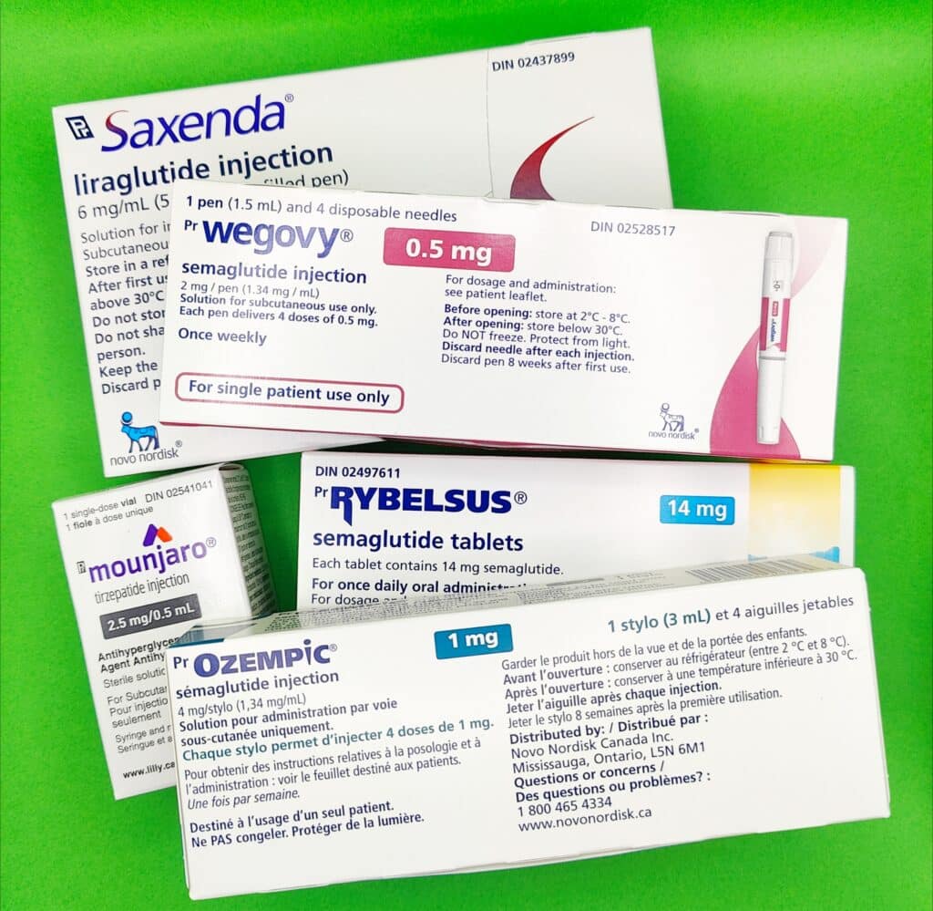 Boxes of different GLP-1 drugs