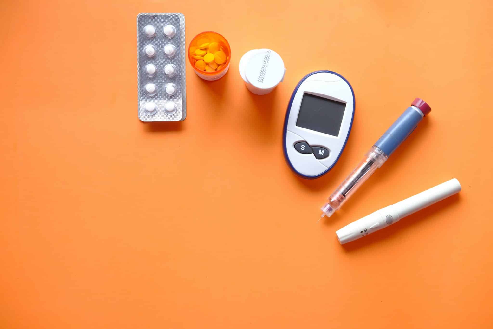 Diabetic supplies like pills, blood glucose machine.